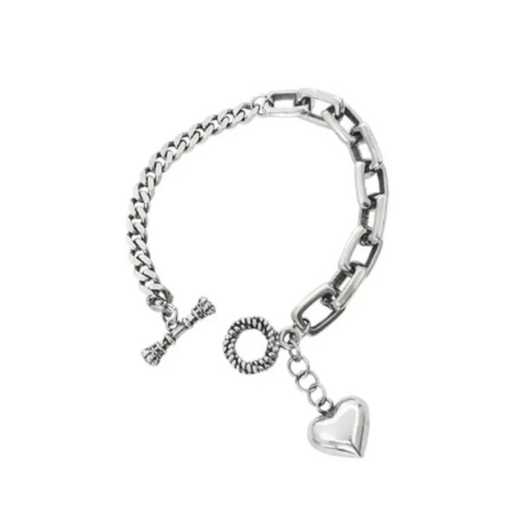 925 Sterling Silver Chunky Heart Dangle Chain Link Toggle Bracelet - Picture 4 of 6